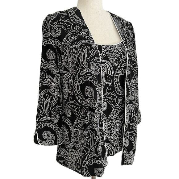 ALEX EVENINGS 2PC JACKET And TANK SET Sz M BLACK WHITE SILVER Cocktail Party - Picture 2 of 11